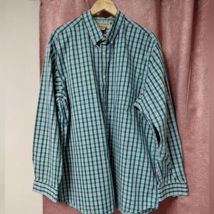Duluth Trading Co Teal And Tan Plaid Cotton Shirt Wrinkle Fighter